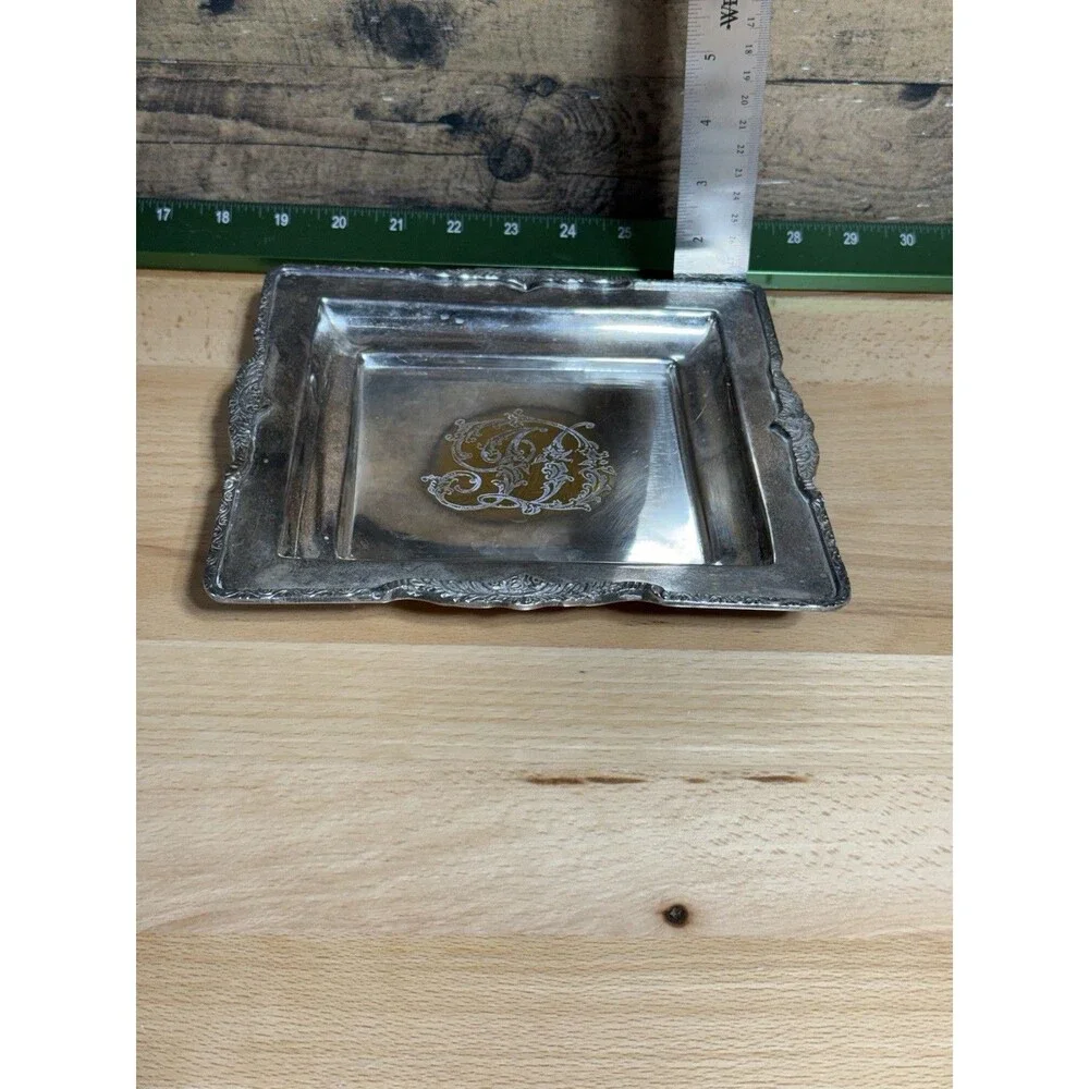 🔥ANTIQUE SILVER PLATED EMBOSSED CARD TRAY Monogram Square Footed 8” Patina